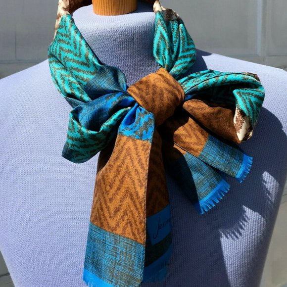 Blue & Tan Stripe Print Scarf Vintage Jean Pierre Robin Hair Bow Tie Headband - Picture 1 of 6